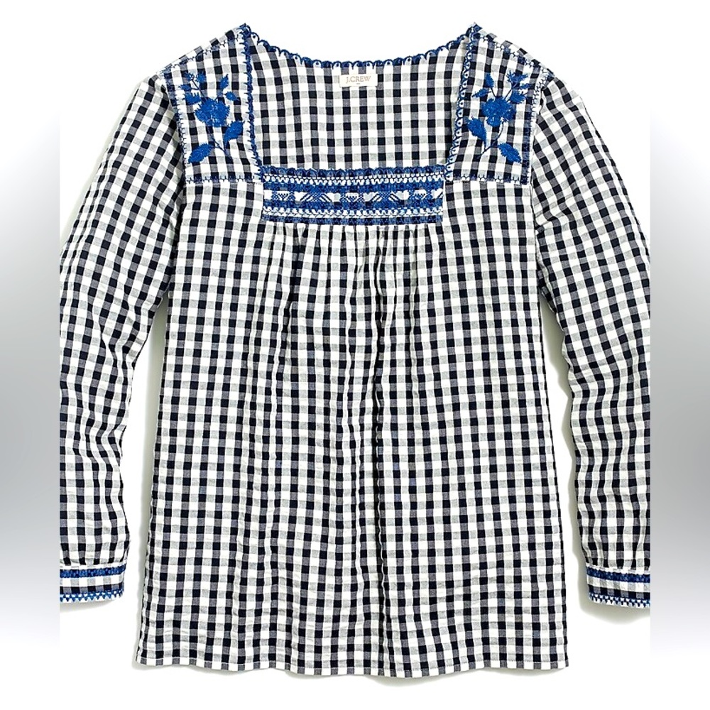 J. Crew Embroidered Peasant‎ Top in Gingham Navy White Square Neck Blouse M